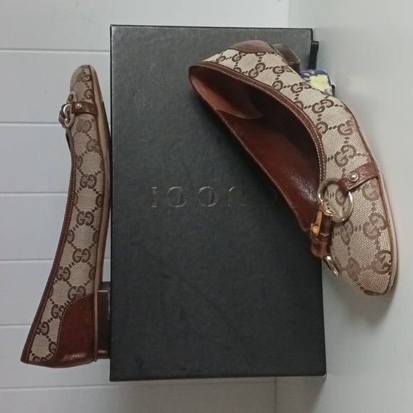 Gucci Shoes - Gucci Tan Logo Canvas Flats In Box W Bamboo Bit.
